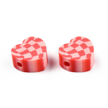 Handmade Polymer Clay Beads, Heart with Tartan Pattern, Red, 9~10x9.5~10.5x4~4.5mm, Hole: 1.6mm