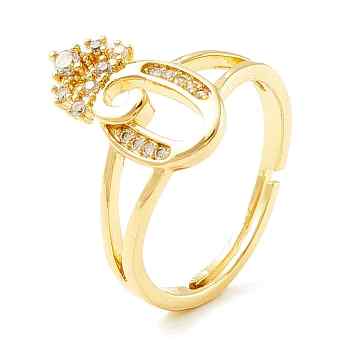 Clear Cubic Zirconia Initial Letter with Crown Adjustable Ring, Real 18K Gold Plated Brass Alphabet Ring for Women, Cadmium Free & Lead Free, Letter.O, US Size 6(16.5mm)