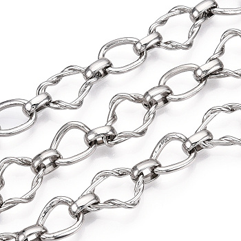 Alloy Teardrop with Twining Chains, Unwelded, with Spool, Platinum, 20x13.5x3mm, Small Ring: 15x11x2mm, Oval Links: 9x3x1mm, about 32.81 Feet(10m)/Roll