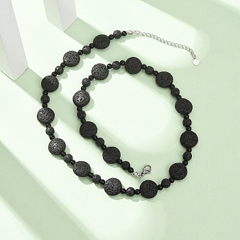 Natural Lava Rock Coin Beaded Necklaces, with Glass Beads and 304 Stainless Steel End Chains, Stainless Steel Color, Black, 18.78 inch(47.7cm)