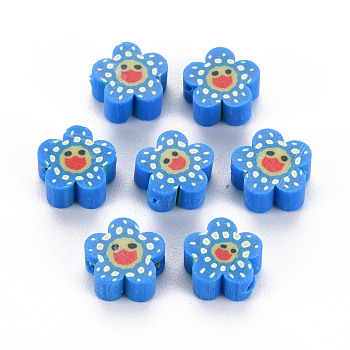Handmade Polymer Clay Beads, Flower with Smiling Face, Dodger Blue, 9~10x4mm, Hole: 1.5mm