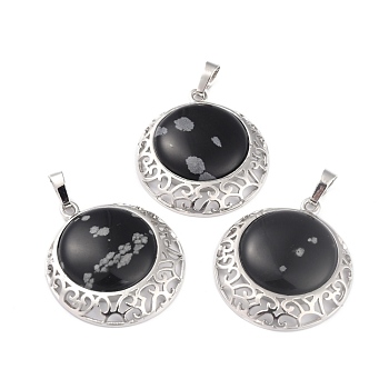 Natural Snowflake Obsidian Pendants with Hollow Platinum Brass Findings, Flat Round, 33.5x30x6mm, Hole: 8x5mm
