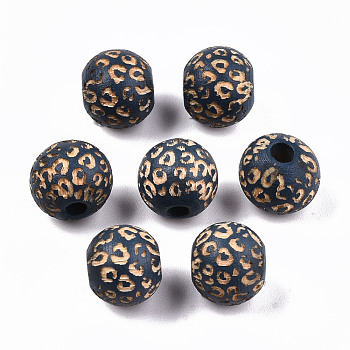 Painted Natural Wood Beads, Laser Engraved Pattern, Round with Leopard Print, Marine Blue, 10x8.5mm, Hole: 2.5mm