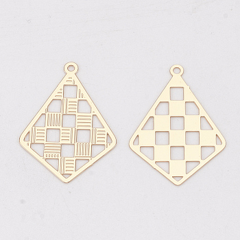 Brass Pendants, Etched Metal Embellishments, Long-Lasting Plated, Kite with Tartan Pattern, Light Gold, 24x17x0.3mm, Hole: 1.2mm