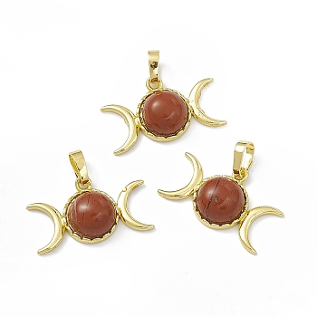 Natural Red Jasper Pendants, Triple Moon Charms, with Golden Tone Rack Plating Brass Findings, Cadmium Free & Lead Free, 15x26x7mm, Hole: 6.5x4mm