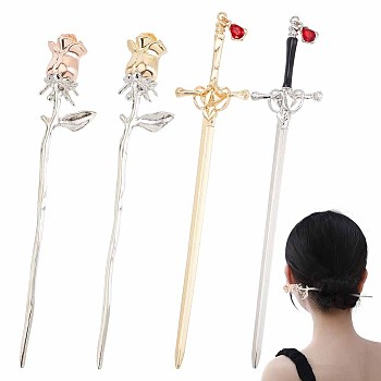 4Pcs 4 Style Ancient Style Rose & Sword Alloy Hair Sticks, with Rhinestone, Hair Accessories for Woman Girls, Mixed Color, 164~224x29.5~42.8x6.8~16mm, 1pc/style