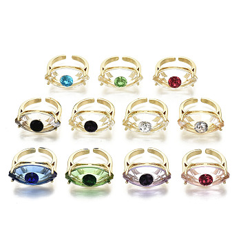 Brass Cuff Rings, Open Rings, with Glass, Nickel Free, Evil Eye, Real 16K Gold Plated, Mixed Color, US Size 7 1/4(17.5mm)