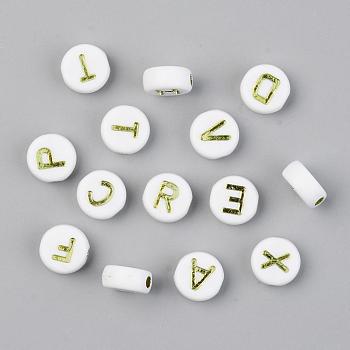 Vacuum Plating Opaque Acrylic Beads, Horizontal Hole, Flat Round with Initial Letter, White & Yellow, Random Mixed Letters, 9.5x4.5mm, Hole: 2mm, 1580pcs/500g