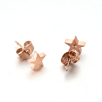 304 Stainless Steel Ear Studs, Hypoallergenic Earrings, Star, Rose Gold, 7x7x1.3mm, Pin: 0.8mm