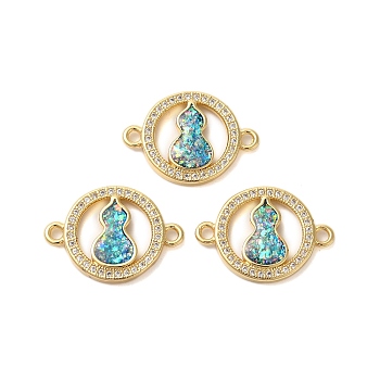 Rack Plating Brass Micro Pave Clear Cubic Zirconia Ring with Gourd Connector Charms, with Synthetic Opal, Real 18K Gold Plated, Long-Lasting Plated, Lead Free & Cadmium Free, Colorful, 15x22x3mm, Hole: 1.6mm