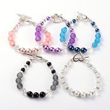 Lovely Frosted Glass Beaded Bracelets, with Glass Pearl Beads, Tibetan Style Alloy Beads and Heart Alloy Toggle Clasps, Mixed Color, 185mm