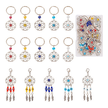 Woven Net/Web with Feather Tibetan Style Alloy Pendant Decorations, with Handmade Evil Eye Lampwork Keychain, Mixed Color, 65~90mm, 20pcs/box