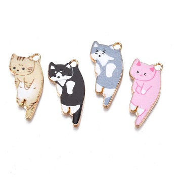Printed Alloy Pendants, Cadmium Free & Nickel Free & Lead Free, Light Gold, Cat, Mixed Color, 30x15x1.5mm, Hole: 2mm