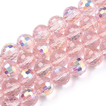 Transparent Electroplate Glass Beads Strands, Faceted, Half AB Color Plated, Round, Misty Rose, 10x9mm, Hole: 1.2mm, about 70~72pcs/strand, 25.51~26.06 inch(64.8~66.2cm)
