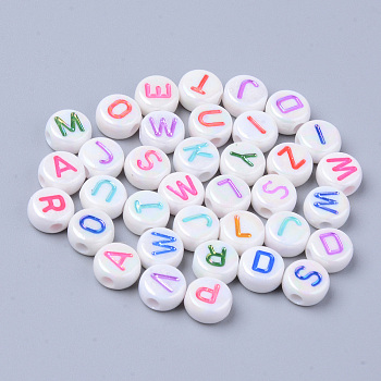Opaque White Acrylic Beads, Metal Enlaced, Flat Round with Mixed Color Letters, 7x3.5mm, Hole: 1.8mm, about 1480pcs/200g