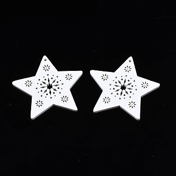 Christmas Theme Spray Painted Wood Pendants, Star with Snowflake, White, 48x50x2.5mm, Hole: 1.4mm