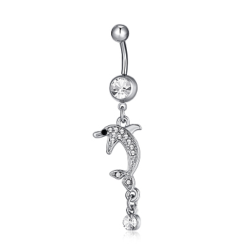 Piercing Jewelry, Brass Cubic Zirconia Navel Ring, Belly Rings, with 304 Stainless Steel Bar, Lead Free & Cadmium Free, Dlophin, Clear, Platinum, 59x14mm, Bar Length: 3/8"(10mm), Bar: 14 Gauge(1.6mm)