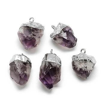 Plated Natural Amethyst Pendants, Nuggets, Platinum, 21~30x14~18x11~16mm, Hole: 2mm
