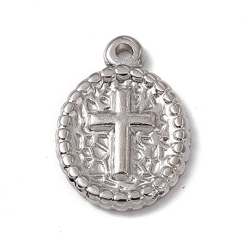 304 Stainless Steel Pendants, Oval with Cross Charm, Stainless Steel Color, 18x12.5x2mm, Hole: 1.5mm