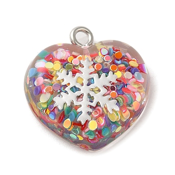 Acrylic Pendant, with Iron Findings, Glitter, Valentine Heart with Snowflake, Colorful, 20.5x20x6.5mm, Hole: 2mm