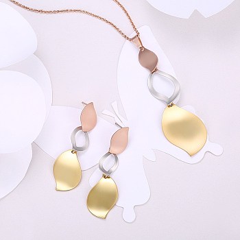 Tri-colored Brass Party Jewelry Sets, Pendant Necklaces and Stud Earrings, Leaf, Mixed Color, 16.5 inch(42cm), 57x17mm