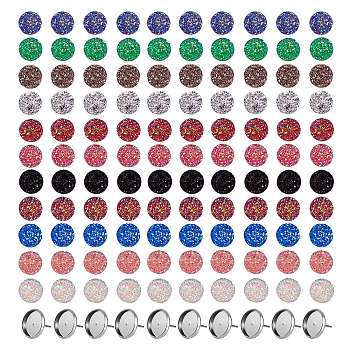 110Pcs 11 Colors Resin Cabochons, with 40Pcs 202 Stainless Steel Stud Earring Settings, for DIY Stud Earring Making Kits, Mixed Color, Tray: 12mm, 14x2mm, Pin: 0.8mm
