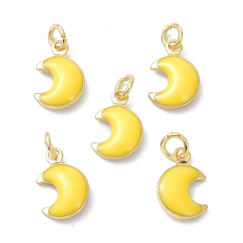 Brass Enamel Charms, Real 18K Gold Plated, with Jump Rings, Moon, Cadmium Free & Lead Free, Yellow, 11x7x3.5mm, Hole: 2.6mm