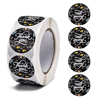 DIY Scrapbook, 1 Inch Thank You Stickers, Decorative Adhesive Tapes, Flat Round with Word Thank You, Black, 25mm, about 500pcs/roll
