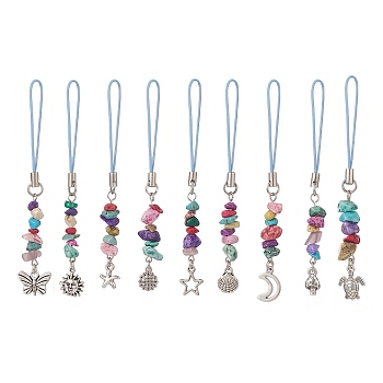 7 Chakra Synthetic Turquoise Beads Mobile Phone Strap, Alloy Pendant Mobile Accessories Decoration, Mixed Shapes, Antique Silver & Platinum, 98~104mm, 9pcs/set