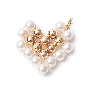 Shell Pearl Beaded Pendants, with Real 18K Gold Plated Brass Beads, Heart Charms, White, 21x22x4mm, Hole: 3.7mm