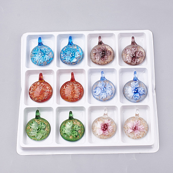 Handmade Gold Sand Lampwork Pendants, Inner Flower, Flat Round, Mixed Color, 45~47x35~36x15~16mm, Hole: 8mm, Box Size: 20x19.5x1.3cm, about 12pcs/box