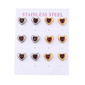 Ion Plating(IP) 304 Stainless Steel Heart Stud Earrings, with Micro Pave Cubic Zirconia, Golden & Stainless Steel Color, Red, 10x9mm