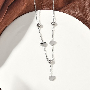 304 Stainless Steel Heart Pendant Necklaces with 201 Stainless Steel Round Beads, Non-Tarnish, Stainless Steel Color, 20.94 inch(53.2cm)