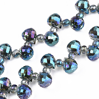 Transparent Glass Beads Strands, Top Drilled Beads, AB Color Plated, Faceted Teardrop, Dark Cyan, Teardrop: 9.5x8mm, Hole: 0.8mm, Beads: 3~4x2.5~3.5mm, about 100pcs/strand, 23.62 inch(60cm)