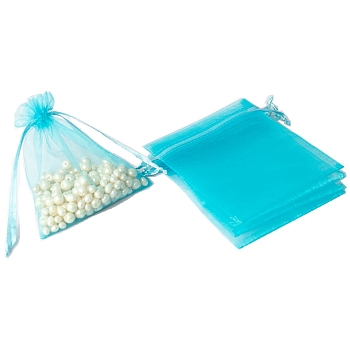 100Pcs Rectangle Organza DIY Craft Drawstring Bags, for Valentine Birthday Wedding Party Candy Wrapping, Cyan, 9x7cm