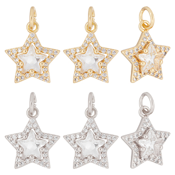 8Pcs 2 Colors Brass Cubic Zirconia Charms, with Jump Ring, Long-Lasting Plated, Lead Free & Cadmium Free, Star, Real 18K Gold Plated & Real Platinum Plated, 13.5x11.5x4.5mm, Hole: 3.2mm, 4pcs/color