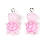 Opaque Resin Pendants, Cute Tortoise Charms, with Platinum Plated Iron Loops, Pink, 26x14x9.5mm, Hole: 2mm(RESI-WH0021-71A)
