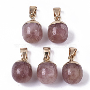 Top Golden Plated Natural Strawberry Quartz Pendants, with Iron Snap on Bails & Loop, Barrel, 17~19x11.5~12.5mm, Hole: 4x6mm(X-G-T131-03I)