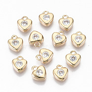 Brass Micro Pave Cubic Zirconia Charms, Light Gold, Long-Lasting Plated, Cadmium Free & Lead Free, Heart, Clear, 7x6x2mm, Hole: 1.2mm(X-KK-S359-046-RS)