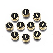 Alloy Enamel Beads, Cadmium Free & Lead Free, Light Gold, Flat Round with Alphabet, Black, Letter.I, 8x4mm, Hole: 1.5mm(ENAM-N052-006-02I-RS)