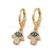 Cubic Zirconia Hamsa Hand with Evil Eye Dangle Leverback Earrings, Rack Plating Brass Jewelry for Women, Cadmium Free & Lead Free, Real 18K Gold Plated, 26mm, Pin: 1mm(EJEW-P221-44G)
