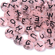 Transparent Acrylic Beads, Horizontal Hole, Flat Round with Random Letters, Pink, 7x3.5mm, Hole: 1.8mm, about 3600~3700pcs/500g(TACR-S150-03A-01)