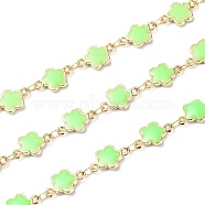 Handmade Alloy Enamel Flower Link Chains, with Spool, Soldered, Long-Lasting Plated, Lead Free & Cadmium Free, Golden, Light Green, 13x7.7x1.7mm, about 16.4 Feet(5m)/roll(ENAM-F138-04A-RS)