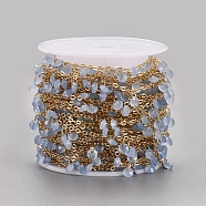 Handmade Glass Beaded Chains, Soldered, with Spool, Brass Chain, Long-Lasting Plated, Golden, Light Blue, 4x2mm, about 32.8 Feet(10m)/roll(CHC-O004-15)