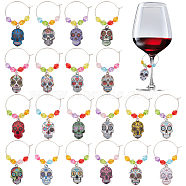 Alloy Enamel Sugar Skull Wine Glass Charms, with Brass Rings and Acrylic Beads, Mixed Color, 53mm, 20pcs/set(AJEW-PH01534)
