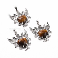 Natural Tiger Eye Pendants, Eagle with Heart Charms, with Rack Plating Platinum Tone Brass Findings, 36.5x33.3x6~7mm, Hole: 8x5mm(G-P496-04P-13)