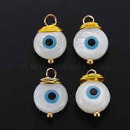 Freshwater Shell Pendants, with Golden Brass Findings, Flat Round with Evil Eye, Seashell Color, 14~15x9.5x4~6mm, Hole: 2~3mm(SHEL-S276-143)