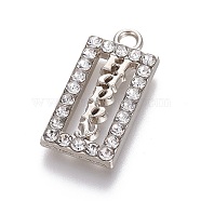 Rhinestone Pendants, with Zinc Alloy Findings, Restangle with Word Happy, Clear, Platinum, 23x11x2mm, Hole: 1.6mm(ALRI-L039-003P)