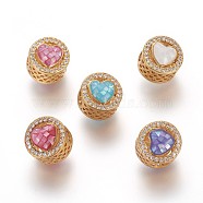 Brass Micro Pave Cubic Zirconia European Beads, Large Hole Beads, with Enamel and Freshwater Shell, Flat Round with Heart, Golden, Mixed Color, 11x9.5mm, Hole: 4mm(ZIRC-E159-03)