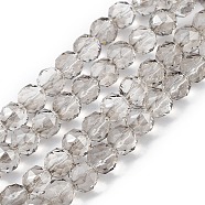 Transparent Electroplate Glass Beads Strands, Faceted, Round, Pearl Luster Plated, Dark Gray, 9~10x9~9.5mm, Hole: 1.4mm, about 54~60pcs/strand, 18.90~21.65 inch(48~55cm)(EGLA-F154-PL02)